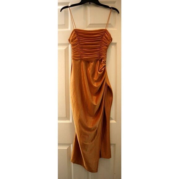 ASOS DESIGN Women's Sz 4 Gold Mesh Ruched Cami Drape Satin Midi Dress - Picture 1 of 14